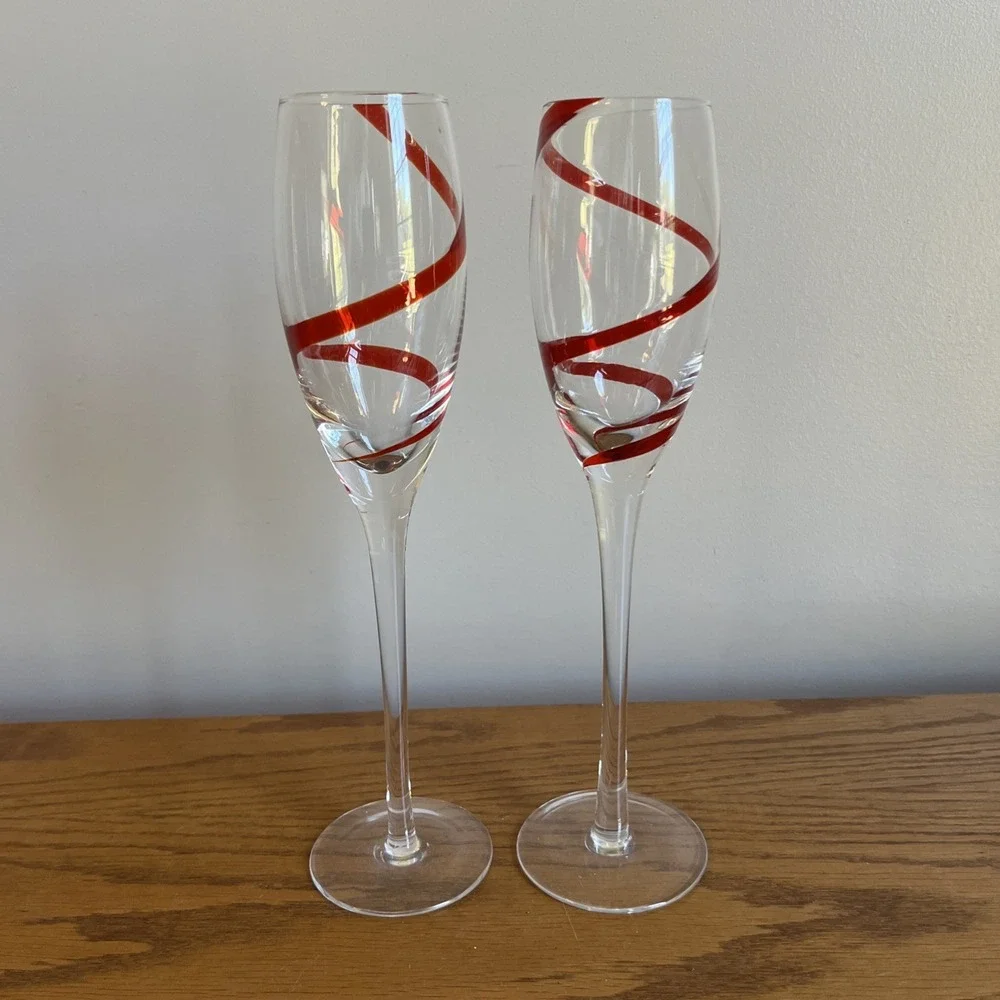 PIER 1 RED SWIRLINE CHAMPAGNE FLUTE GLASS (SET OF TWO) Long Stem 10